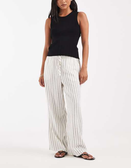 Vero Moda Petite linen touch wide leg pants with drawstring waist in cream stripes, 2 of 5