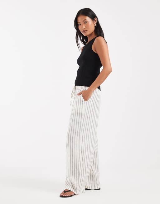 Vero Moda Petite linen touch wide leg pants with drawstring waist in cream stripes, 3 of 5