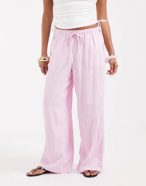 Vero Moda Petite linen touch wide leg pants with drawstring waist in pink stripe, 2 of 5