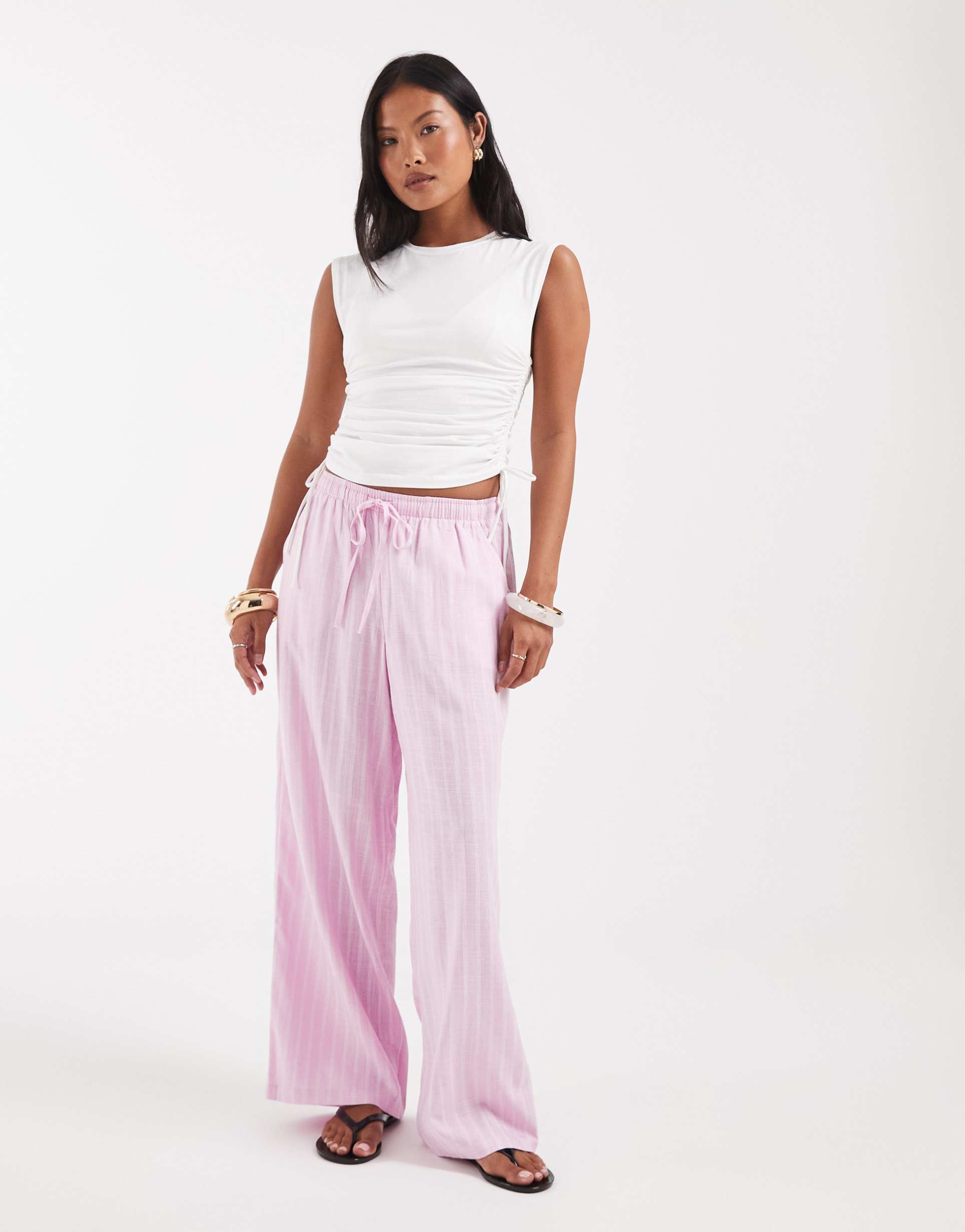vero moda petite linen touch wide leg pants with drawstring waist in pink stripes