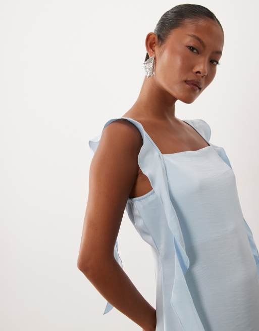Vero Moda Petite – Ljusblå maxiklänning i satin med draperad ringning och draperad volang, 3 av 4
