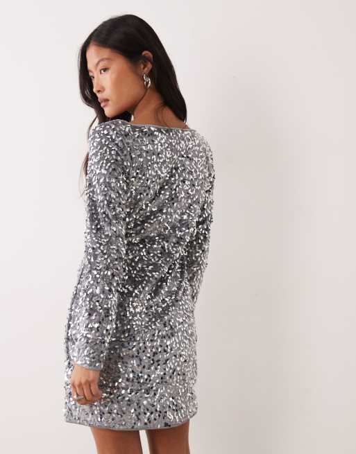 Vero Moda Petite long sleeve boatneck sequin midi dress in silver, 3 of 4