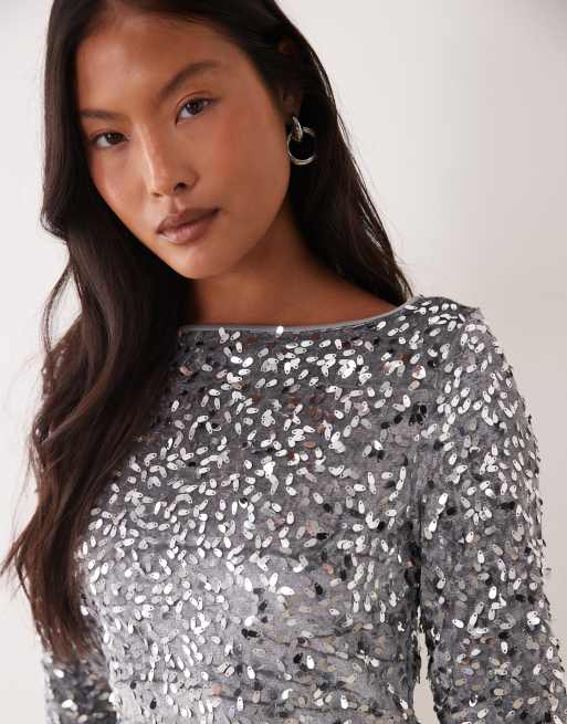 Vero Moda Petite long sleeve boatneck sequin midi dress in silver, 4 of 4