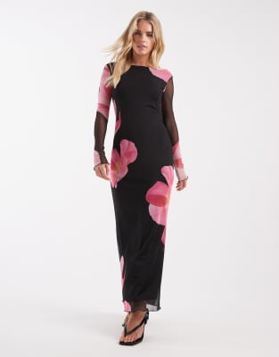 Vero Moda Petite long sleeve mesh maxi dress in black with overblown floral