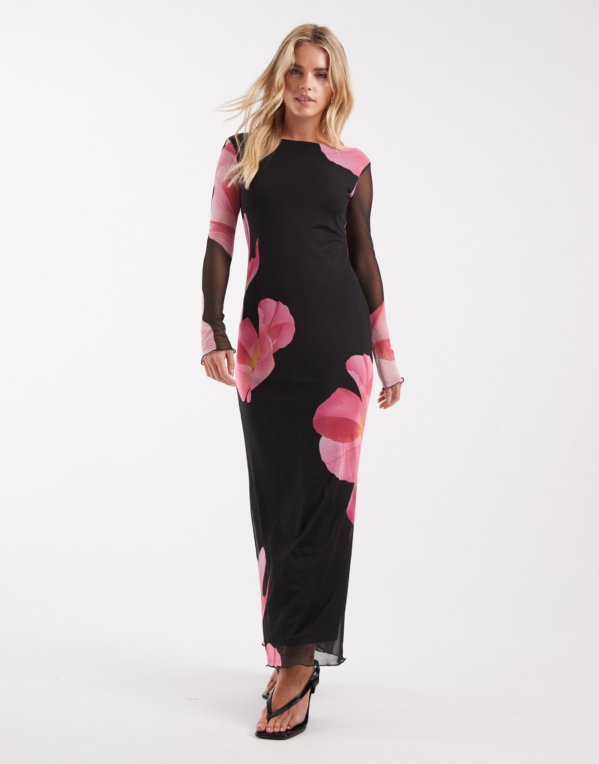 vero moda petite long sleeve mesh maxi dress in black with overblown floral