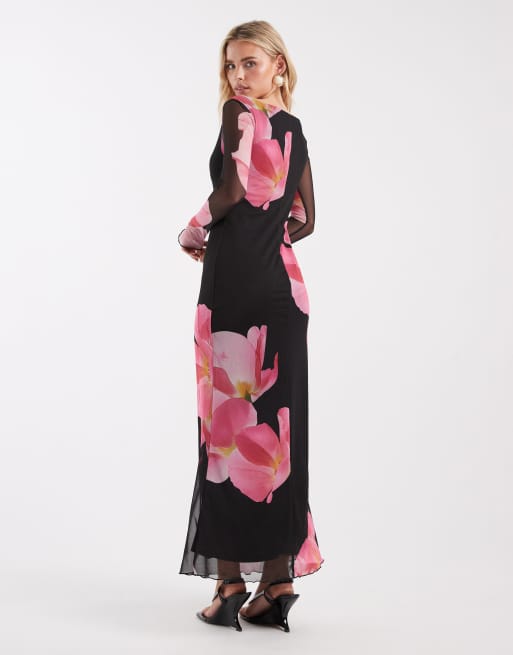 Vero Moda Petite long sleeve mesh maxi dress in black with overblown floral, 2 of 4