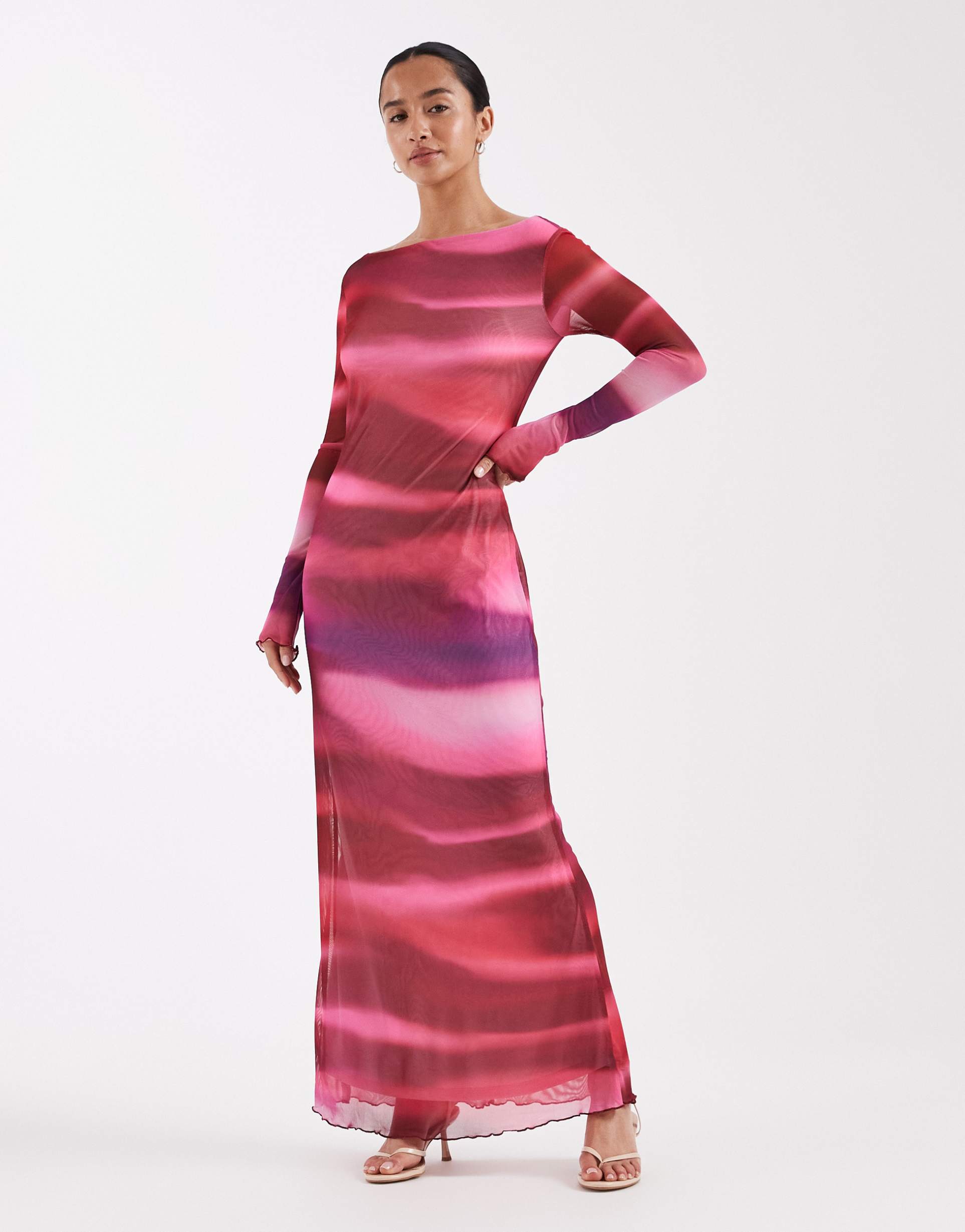 vero moda petite long sleeve mesh maxi dress in pink abstract print