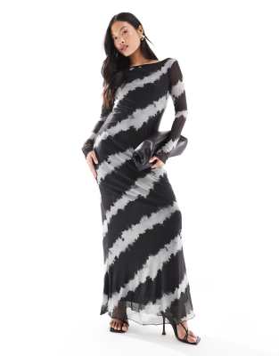 long sleeved mesh dress in blurred mono print-Black