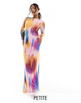 Vero Moda Petite Long Sleeved Mesh Dress In Blurred Multi Print