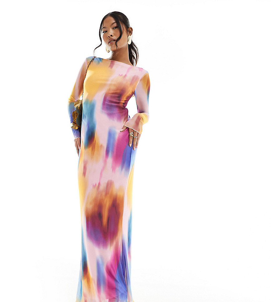 Vero Moda Petite long sleeved mesh dress in blurred multi print