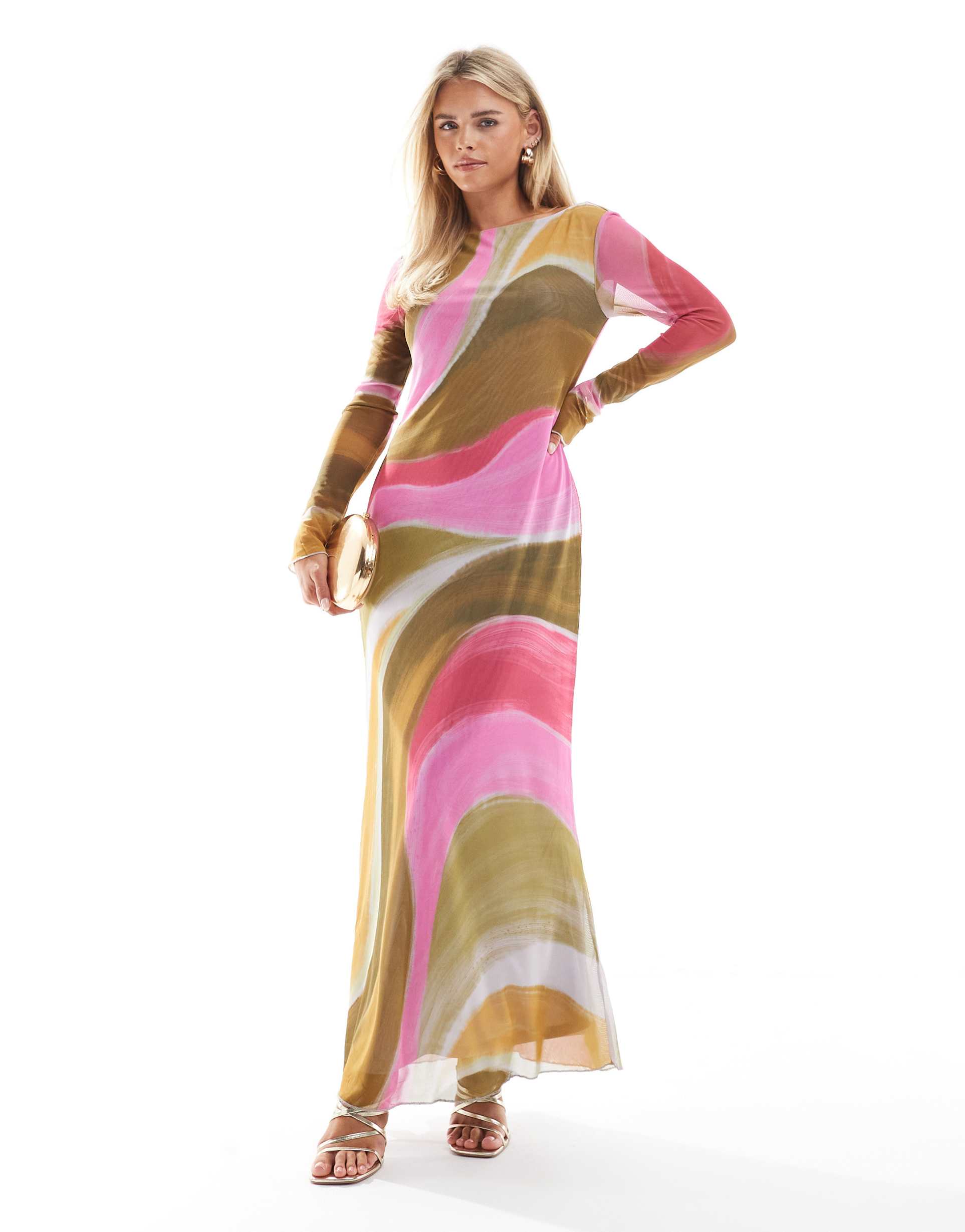 vero moda petite long sleeved mesh dress maxi in multicolor overblown painted print