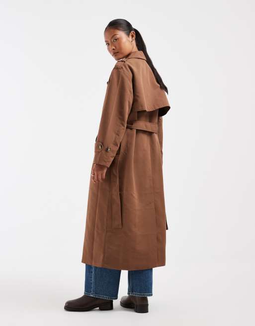 Vero Moda Petite longline belted trench coat in brown, 3 of 4