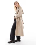 [Vero Moda Petite] Vero Moda Petite longline belted trench coat in stone-Neutral S Silver Mink