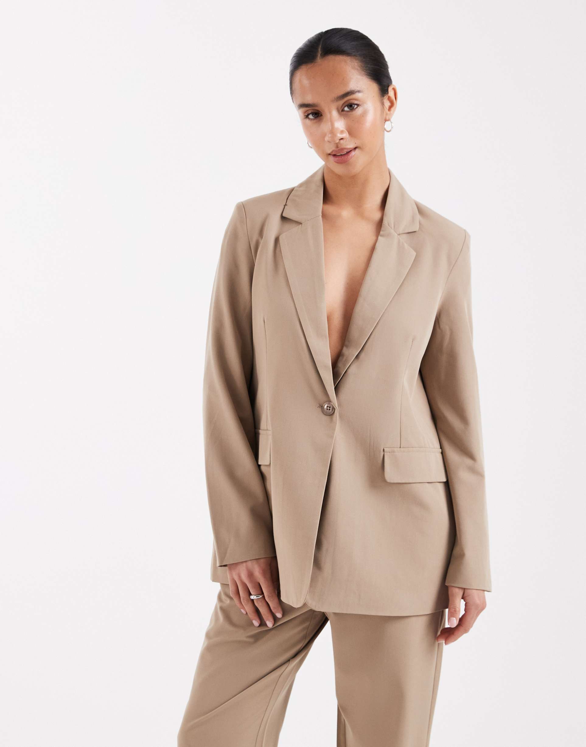 vero moda petite loose fit tailored blazer in beige - part of a set