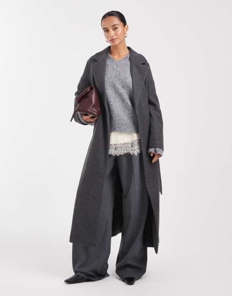 Vero Moda Petite - Manteau habillé ultra-long à taille nouée - Gris foncé chiné - view 1