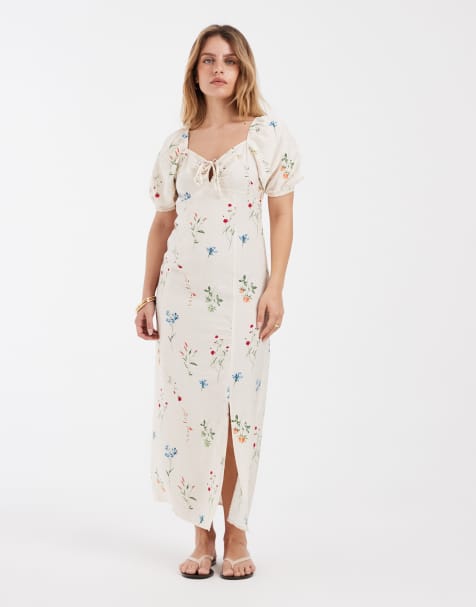 Vero Moda Petite - Maxi jurk met pofmouwen en gestrikte voorkant in crème met bloemenprint - view 1