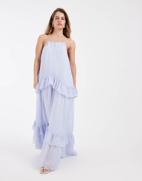 Vero Moda Petite - Maxi jurk van chiffon met halternek en ruches langs de randen in lavendelblauw - view 1