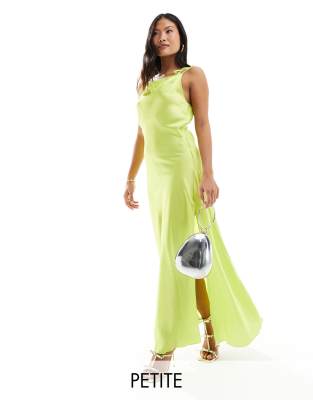 Vero Moda Petite - Maxi-Trägerkleid aus Satin in Limettengrün mit Ziernähten und Bindeträgern