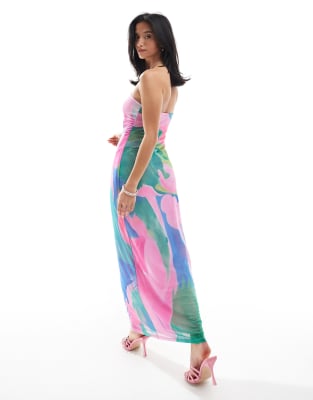 Vero Moda Petite mesh bandeau maxi dress in pink and blue abstract