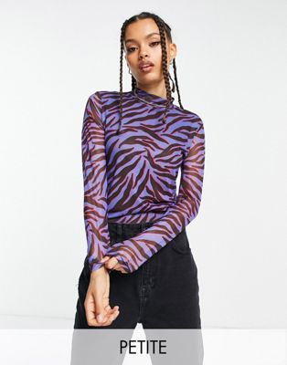 Vero Moda Petite mesh high neck top in purple zebra-Multi