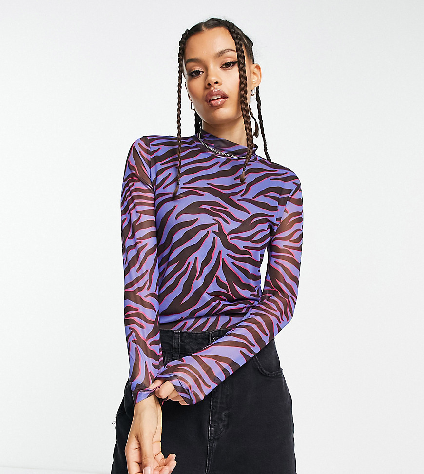 Vero Moda Petite mesh high neck top in purple zebra-Multi