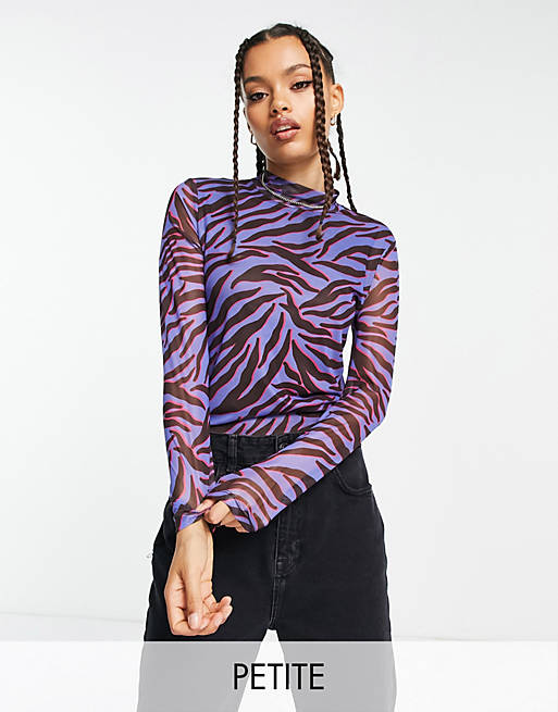 Vero Moda Petite mesh high neck top in purple zebra | ASOS