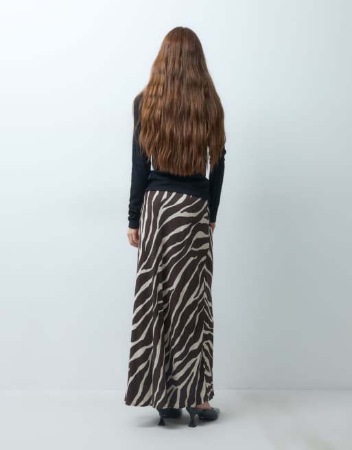Vero Moda Petite mid rise satin maxi skirt in chocolate zebra print, 3 of 5