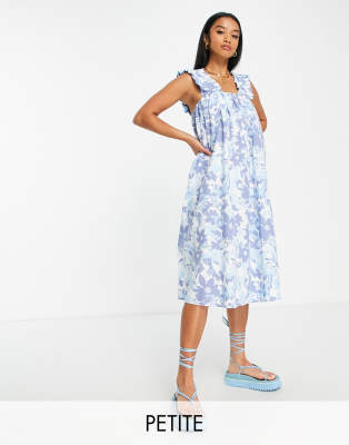 Vero Moda Petite midi dress with shirred straps in blue floral