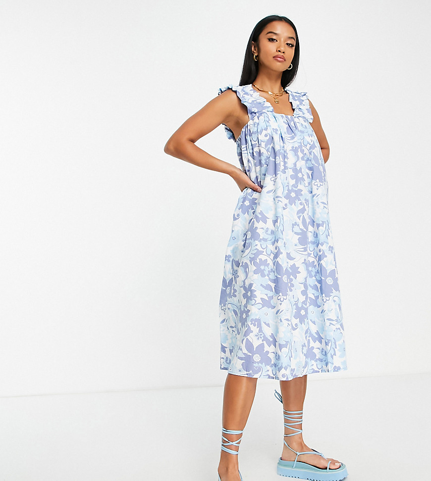 midi dress with shirred straps in blue floral