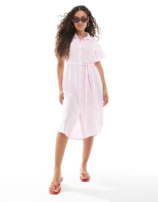 Vero Moda Petite Midi Shirt Dress with Tie Belt in Pink