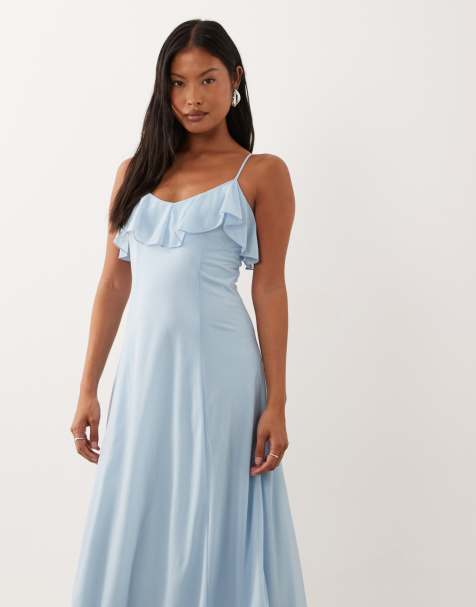 Vero Moda Petite – Midi-Trägerkleid aus Chiffon in Hellblau mit gerüschter Brustpartie - view 1