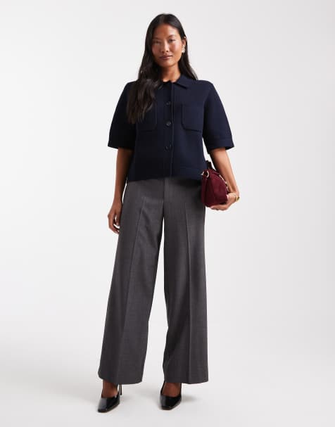 Vero Moda Petite – Mörkgrå, melerade, raka finbyxor med veck framtill - view 1