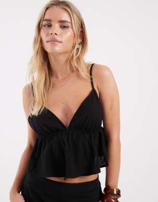 Vero Moda Petite - Oberteil in Schwarz mit Leinenanteil und Camisole-Trägern, Kombiteil