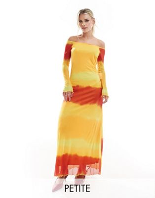 Vero Moda Petite off shoulder mesh dress in sunset ombre stripe