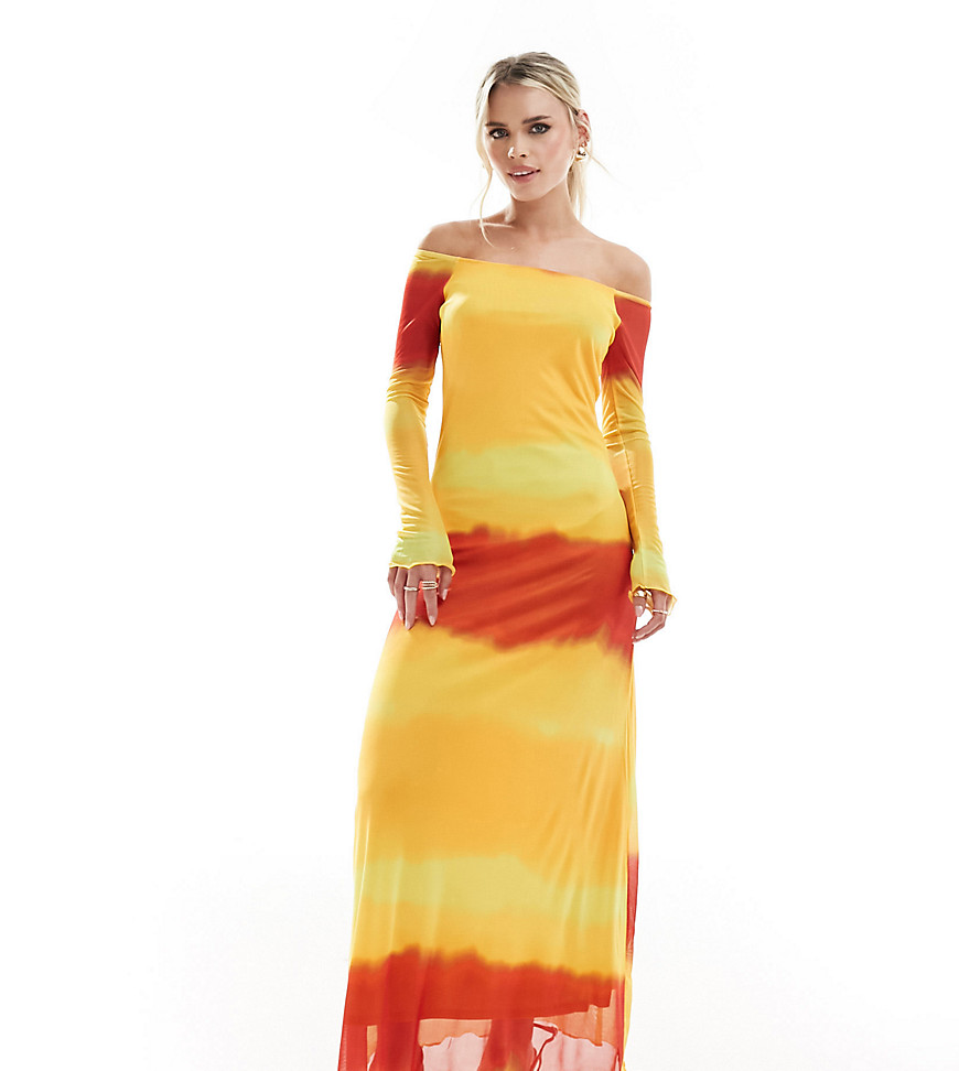 off shoulder mesh dress in sunset ombre stripe-Multi