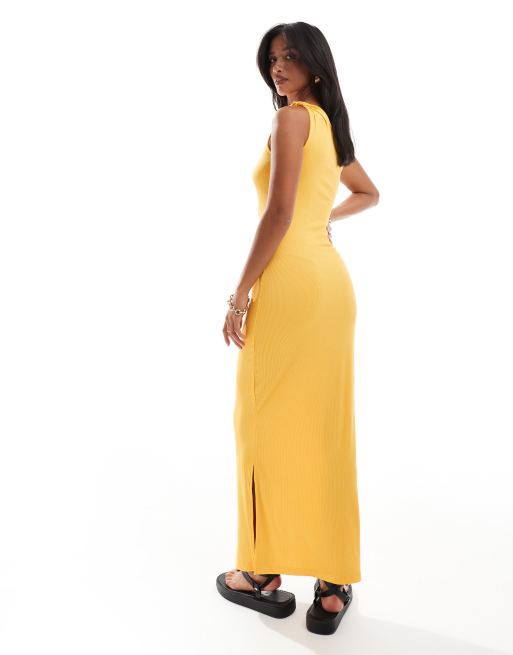 Vero Moda Petite One Shoulder Ribbed Jersey Maxi Dress in Golden Orange