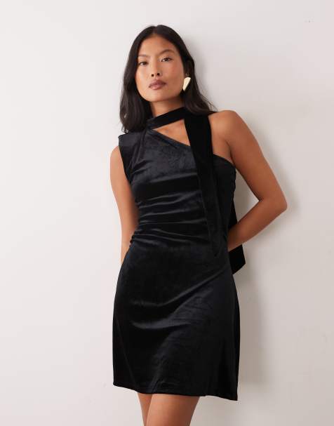 Vero Moda Petite one shoulder scarf detail velvet mini dress in black