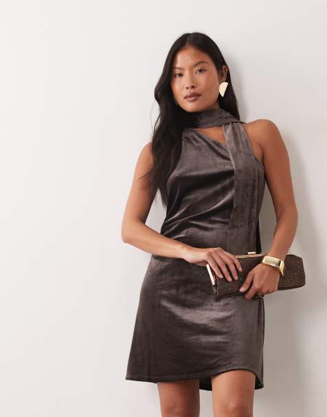 Vero Moda Petite one shoulder scarf detail velvet mini dress in chocolate brown - view 1