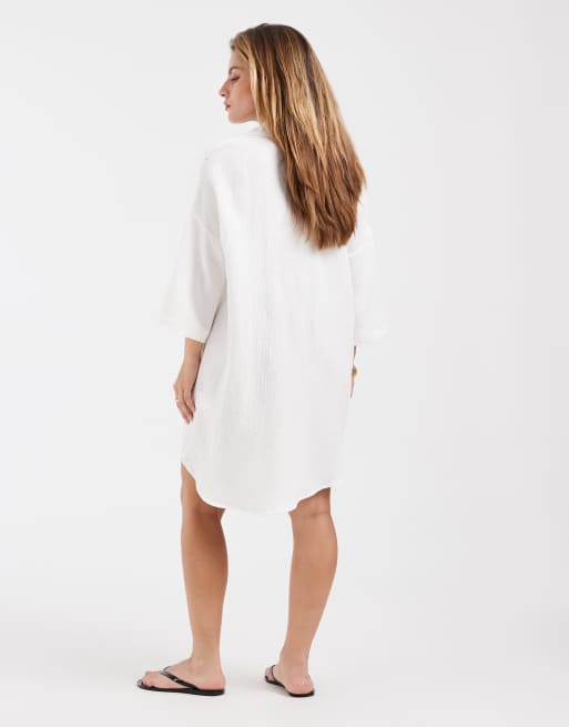 Vero Moda Petite – Oversize-Hemdkleid aus grob gewebter Baumwolle mit Struktur in Weiß, 4 von 4
