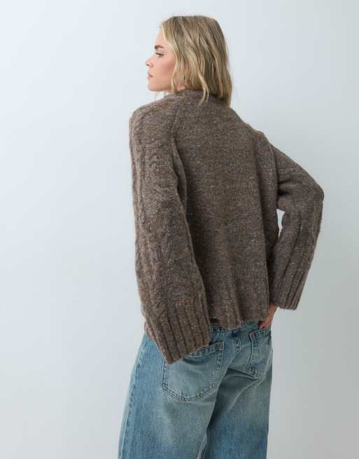 Vero Moda Petite oversized chunky cable knit jumper in cocoa brown melange, 4 of 5
