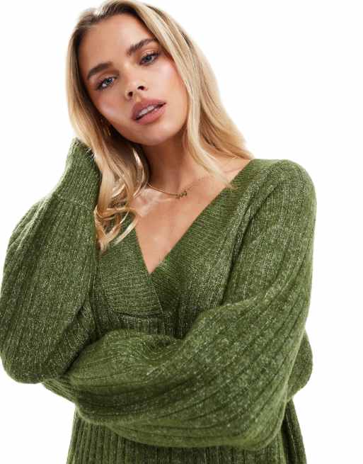 Vero Moda Petite oversized soft ribbed jumper dress in khaki melange, 2 of 4