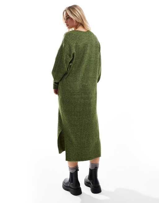 Vero Moda Petite oversized soft ribbed jumper dress in khaki melange, 4 of 4