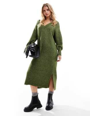 oversized soft ribbed sweater dress in khaki melange-Green