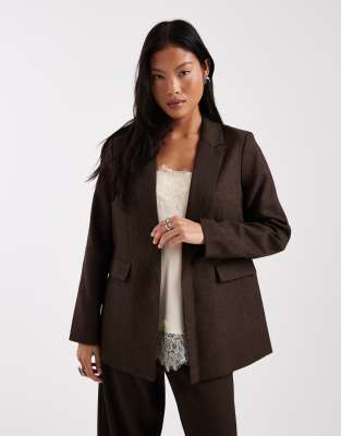 Vero Moda Petite oversized tweed look tailored blazer in chocolate - part of a set
