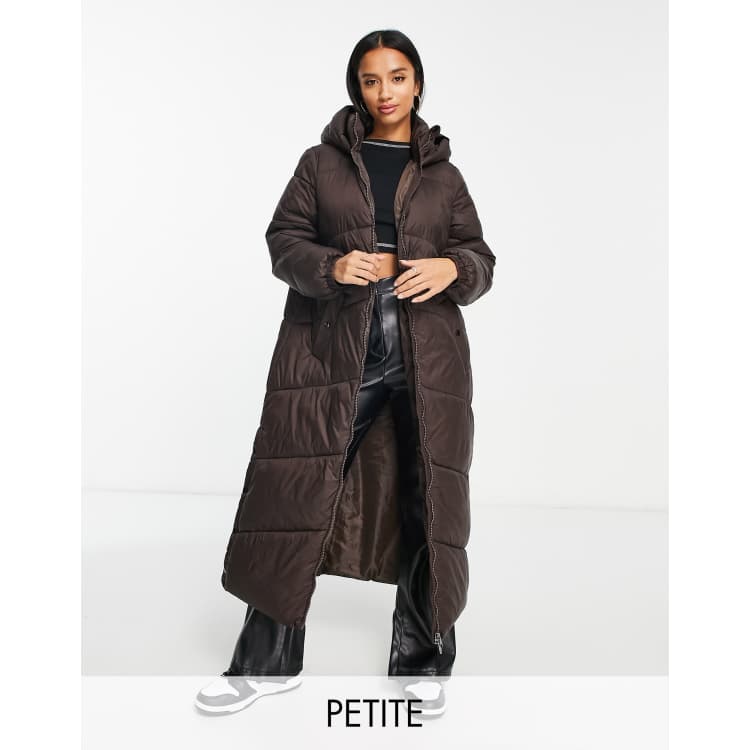 Vero Moda Petite padded maxi coat with hood in chocolate brown | ASOS