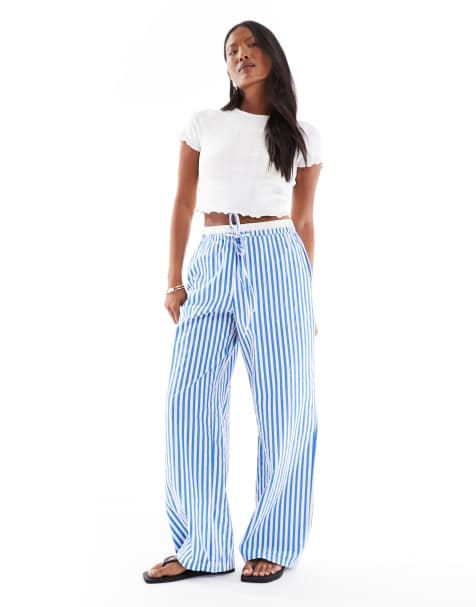 Vero Moda Petite - Pantalon ample à rayures et taille double - Bleu - view 1