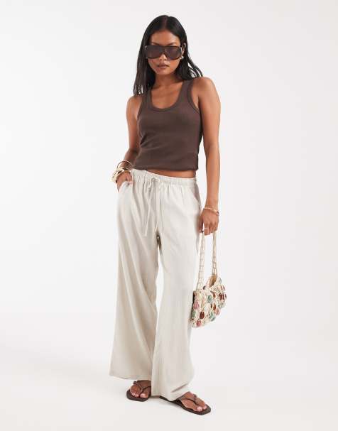 Vero Moda Petite - Pantaloni a fondo ampio in misto lino color pietra con coulisse in vita - view 1