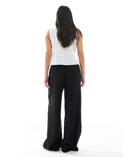 Vero Moda Petite - Pantaloni neri a fondo ampio in misto lino, 2 di 5