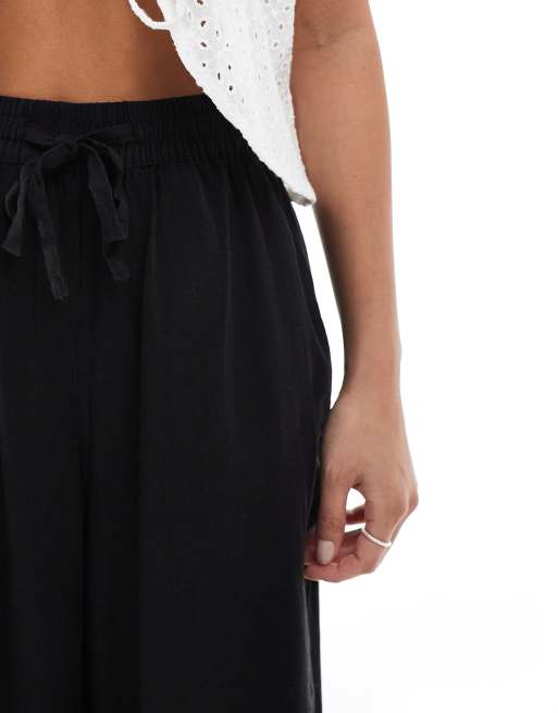 Vero Moda Petite - Pantaloni neri a fondo ampio in misto lino, 3 di 5