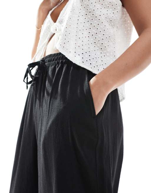Vero Moda Petite - Pantaloni neri a fondo ampio in misto lino, 5 di 5